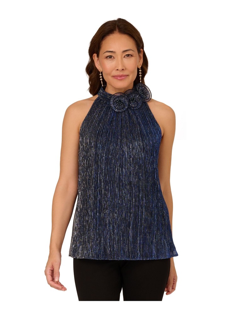 ADRIANNA PAPELL Womens Navy Textured 3d Fabric Flowers Back Keyhole Sleeveless