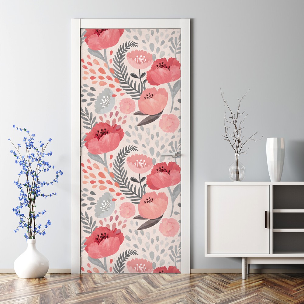 Shabby Poppy wall decor Floral Decal Peel and Stick Door Wrap Bubble Free