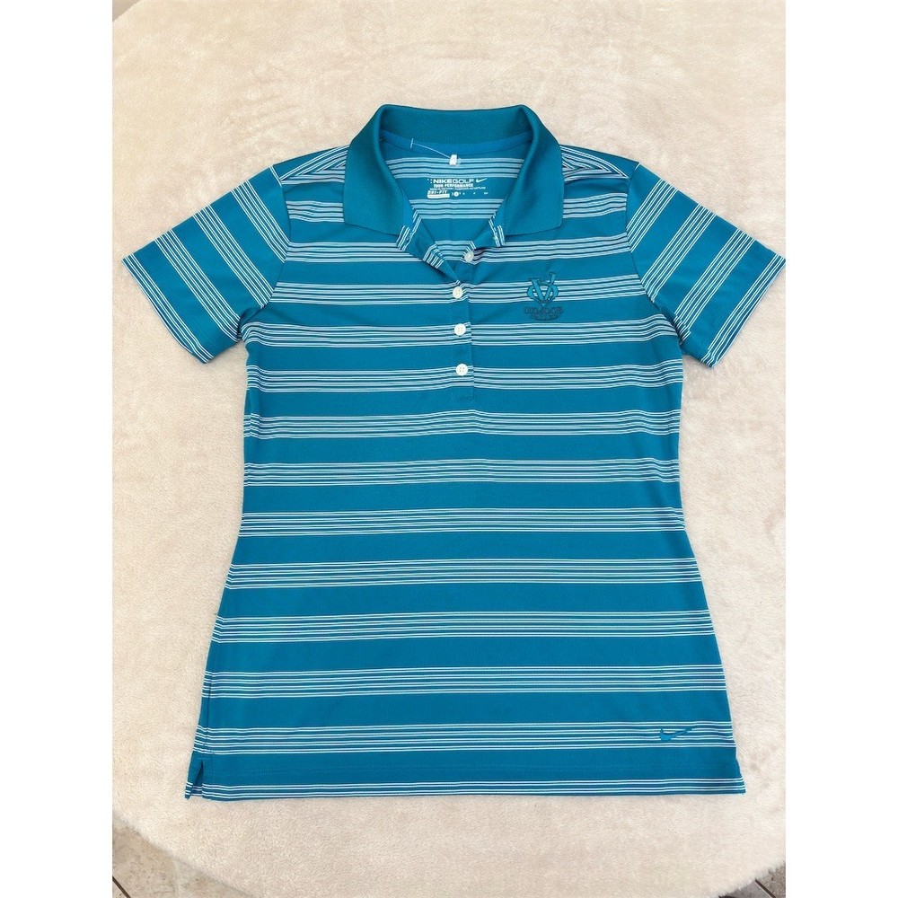 Nike Golf Womens Polo Shirt Size S Teal Blue Striped Dri-FIT Oxmoor Logo NEW!