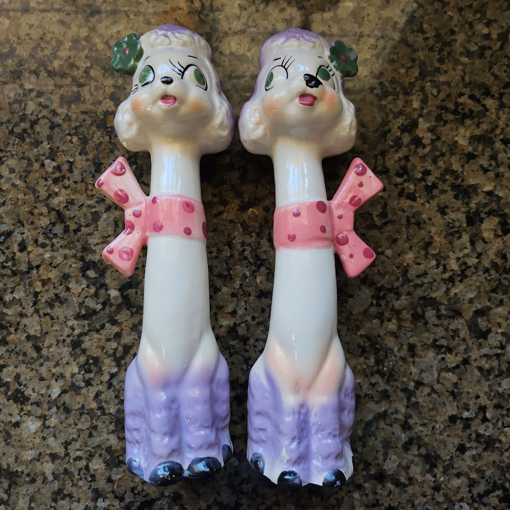 Vtg Anthropomorphic Tilso Long Neck Tall Purple Poodle Dogs Salt & Pepper Shaker