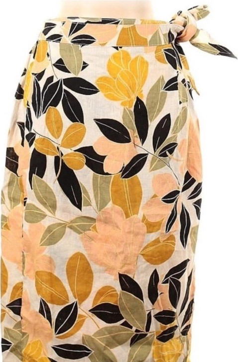 RACHEL ZOE 100% Linen Floral Wrap Midi Skirt Tie Closure Elastic Waist Size L