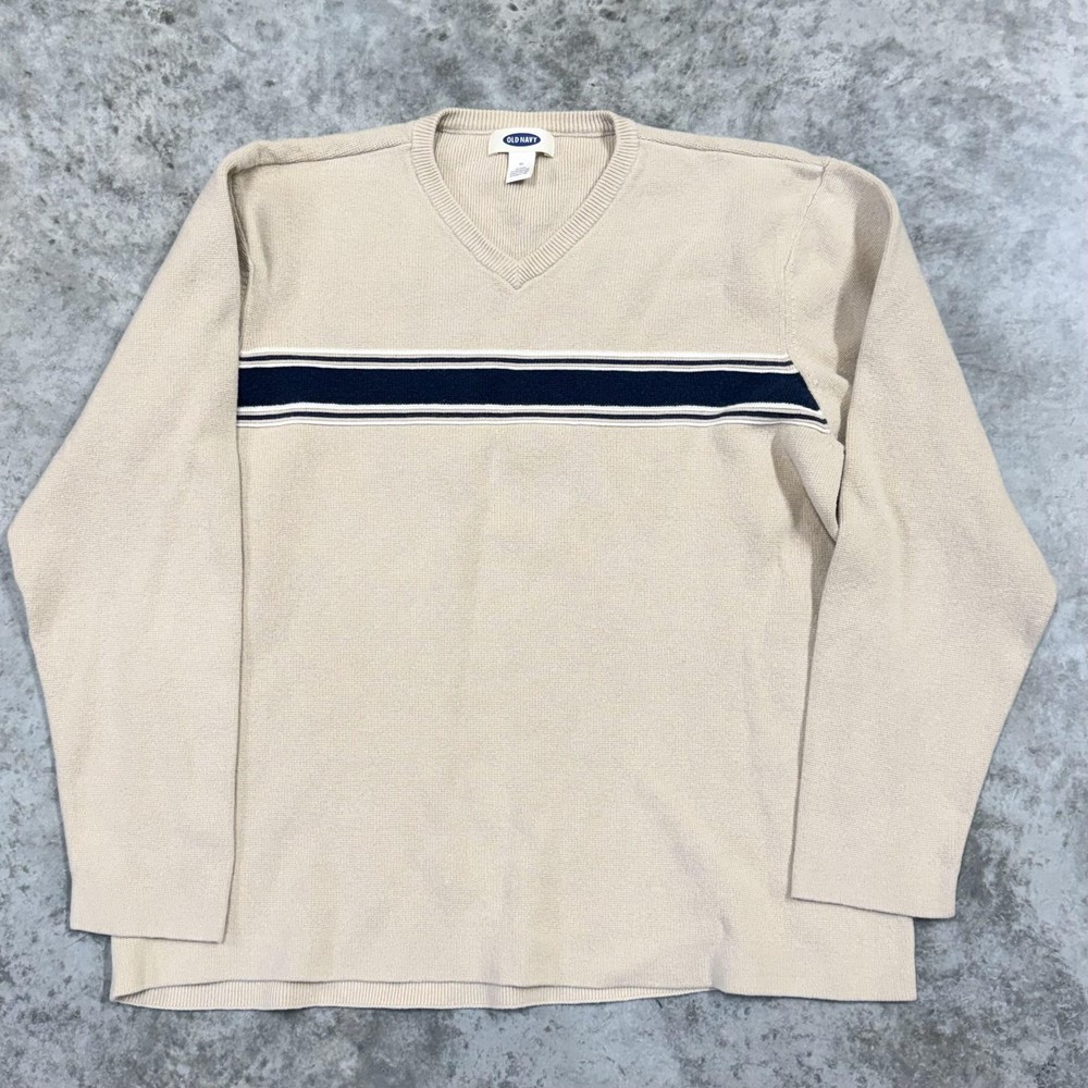 Vintage Old Navy Sweater Mens XL Beige Stripe V Neck Knit Pullover Hong Kong 90s