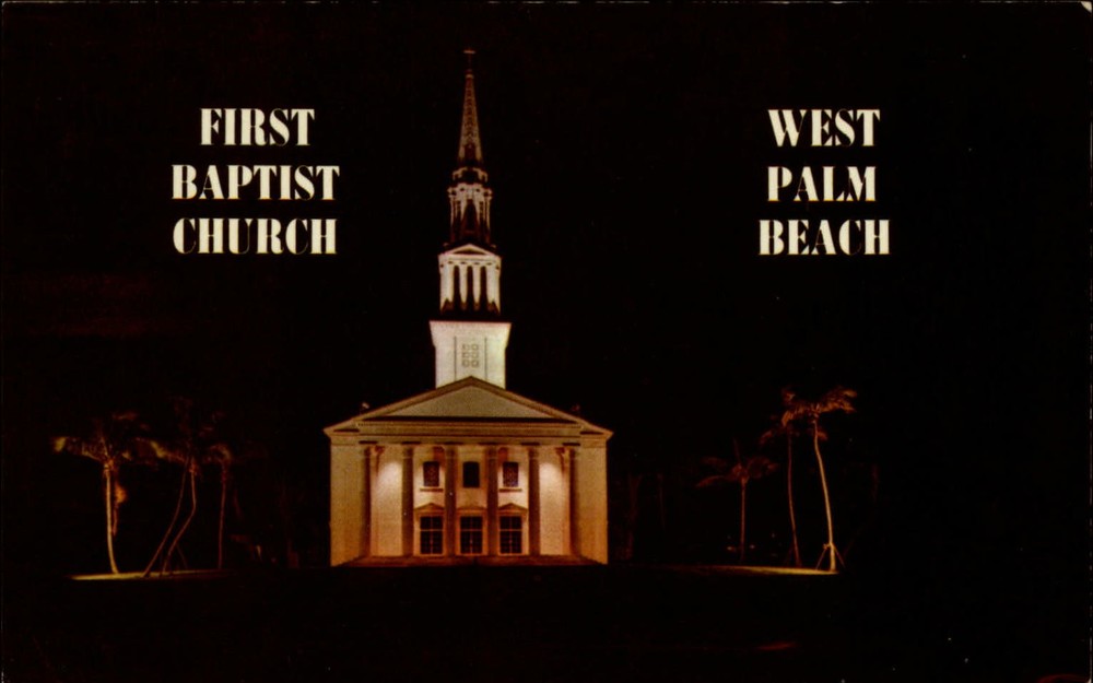 First Baptist Church West Palm Beach Florida vintage night postcard t554