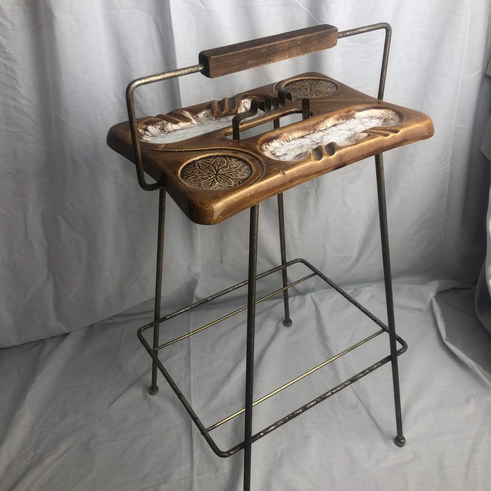 Vtg Mid Century Modern Smoking Stand Magazine Rack w/Ceramic Ash Tray *see descr