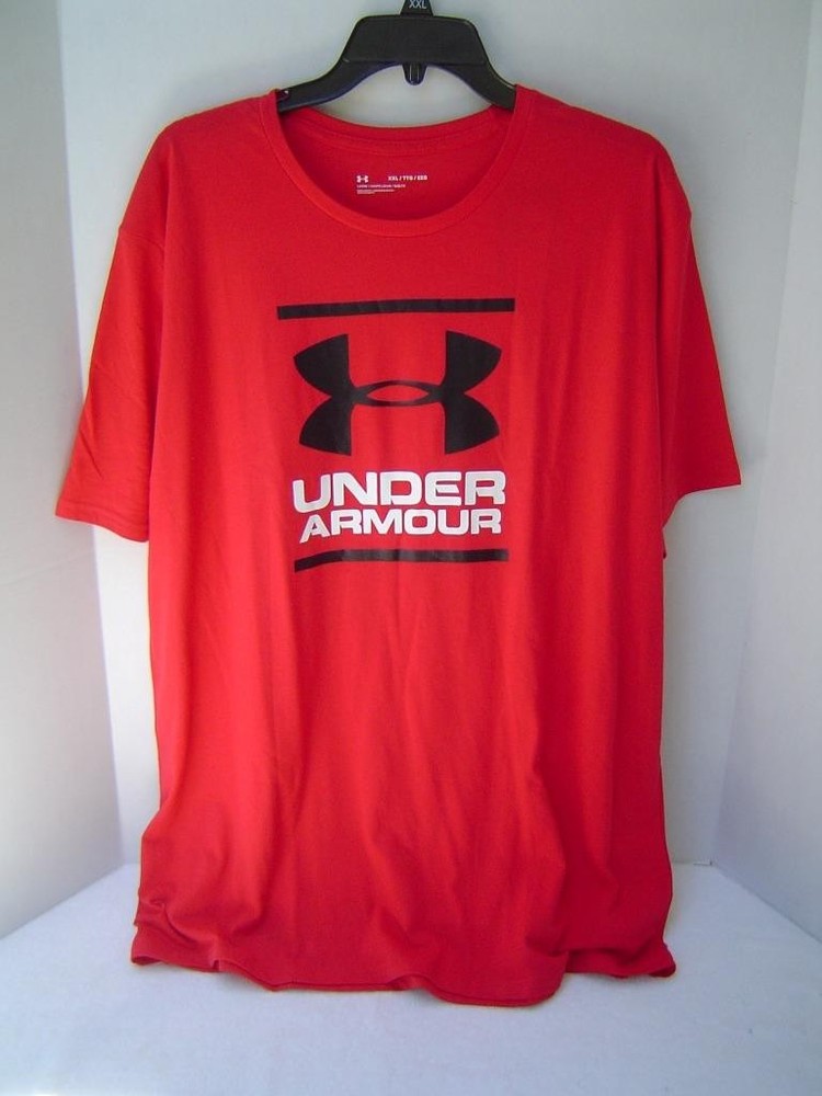 New Mens Under Armour Red Loose Fit Short Sleeve Shirt With Black Logo Size 2Xl