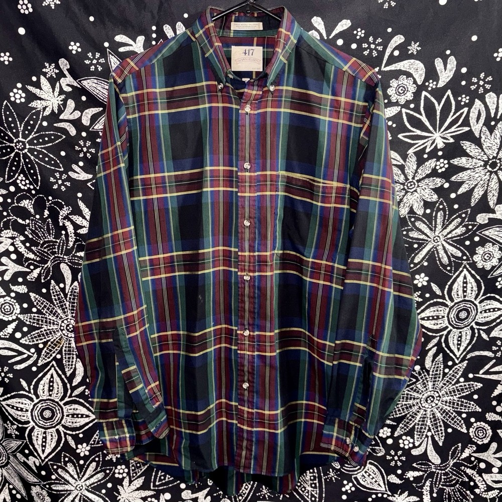 417 By Van Heusen Dress Shirt Mens Medium Multicolor Plaid Tartan Preppy Button