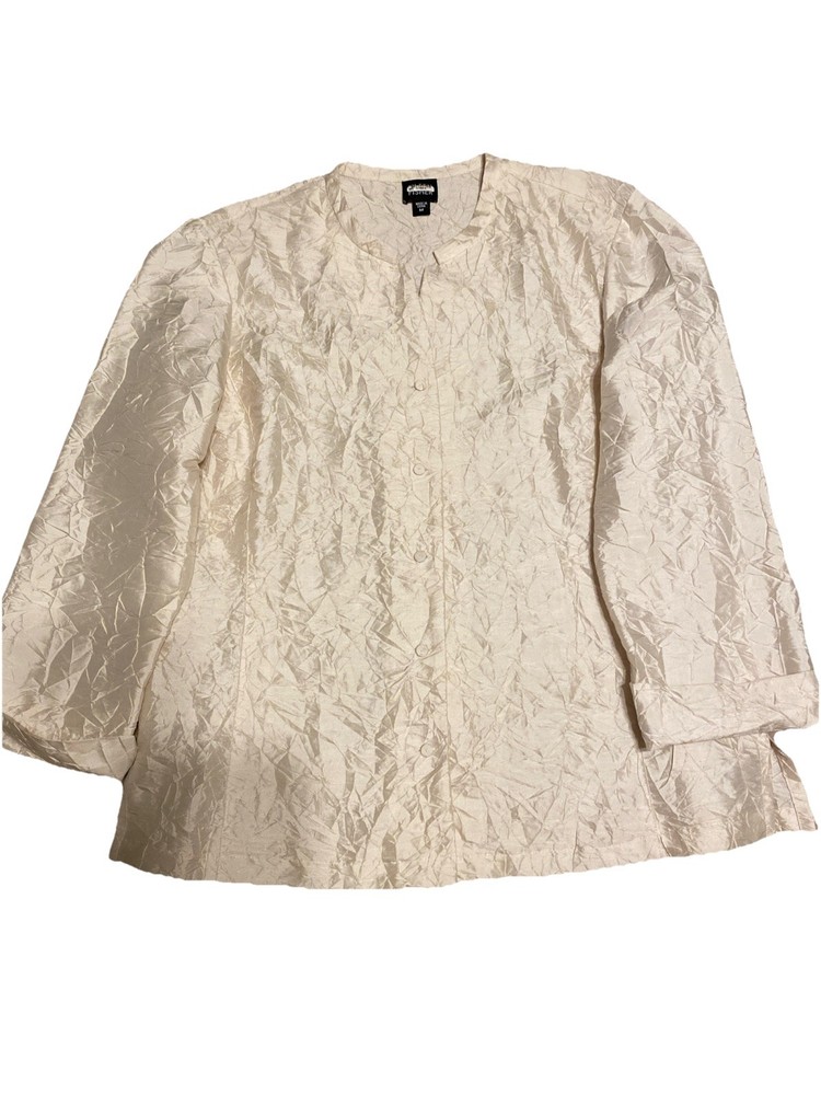 Eileen Fisher Silk Crinkle Button Down Top Medium Ivory Mandarin Collar 3/4 Sleeve