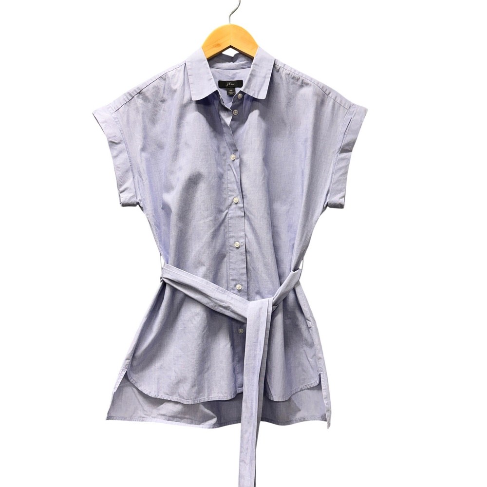 J Crew Top Womens XS Blue Coastal Button Up Tie Waist Preppy Cotton Short Sleeve
