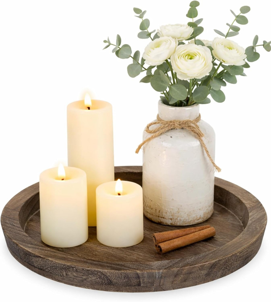 Candle Plate Holder Tray: round Wood Decorative Candle Plate - Rustic Farmhouse