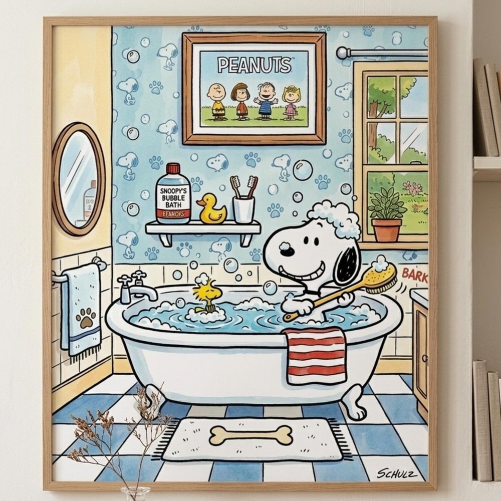 Snoopy and Woodstock Bathtub Poster Wall Art Peanuts Cartoon Canvas Bathroom