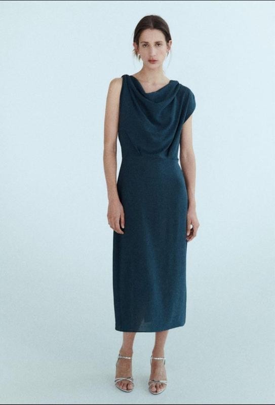 Vintage Zara Dark Teal Cowl Neck Elegant Maxi Dress Size S