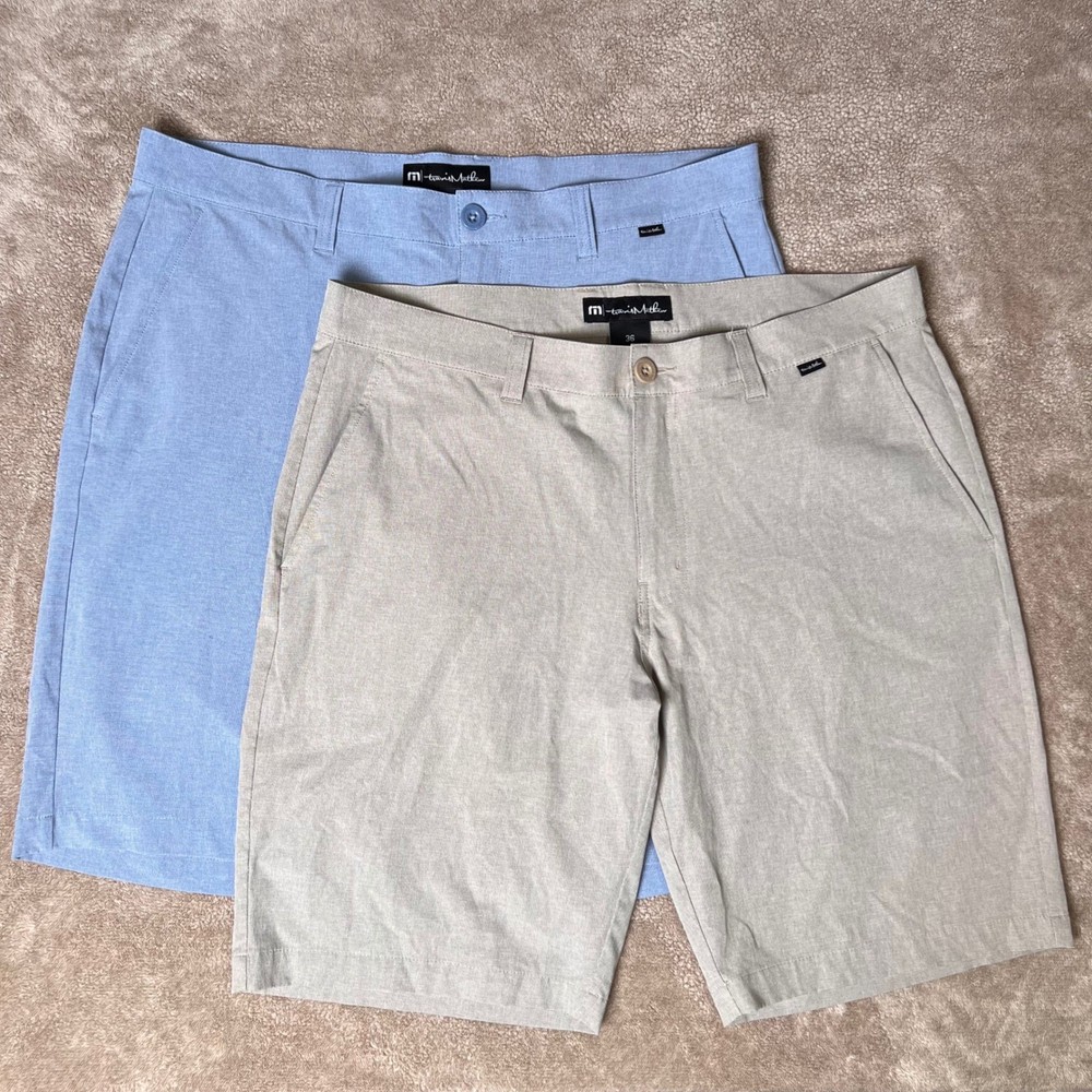 LOT OF 2 Travis Mathew Beck Golf Shorts Mens 36 Blue Tan Heathered Stretch *read