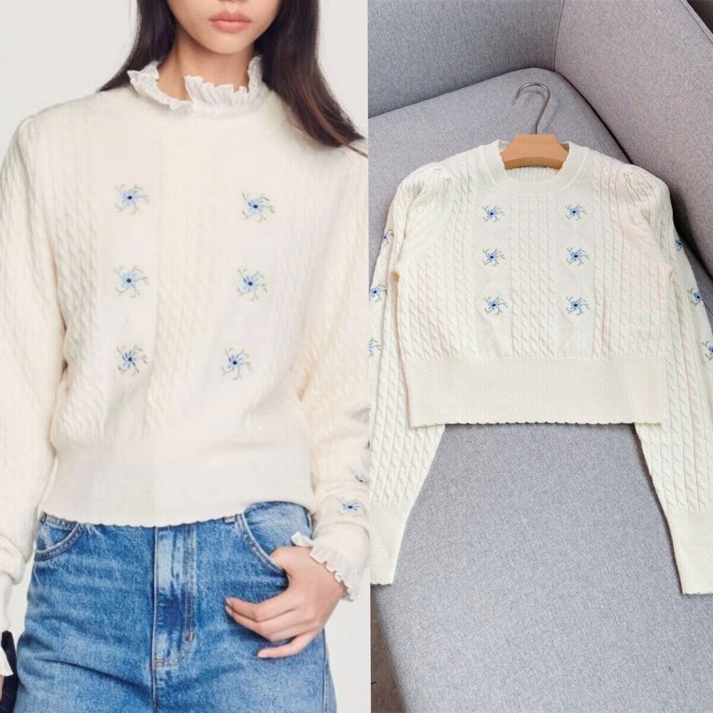 Sandro Round Neck Embroidered Top Cable Knit Loose Sweater Top for Ladies