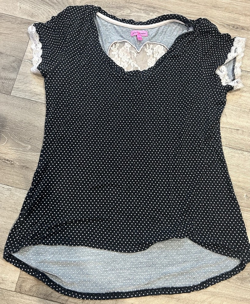 VTG Betsey Johnson Polka Dot Lace Heart Cutout Top Large