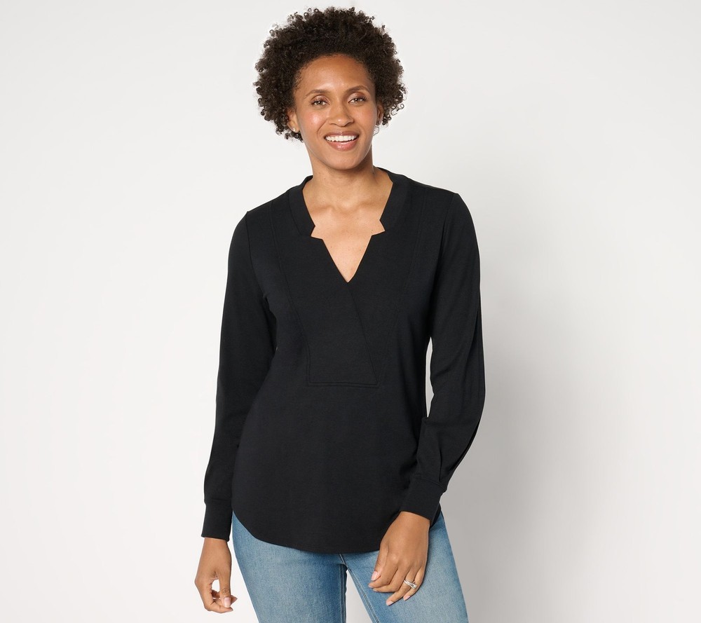 BEAUTIFUL by Lawrence Zarian Women's Top Sz M Notched V-Neck Long Black A661714