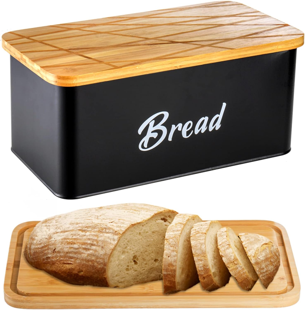 Farmhouse Metal Bread Box, Black Bread Storage Container with Cutting Board Lid,