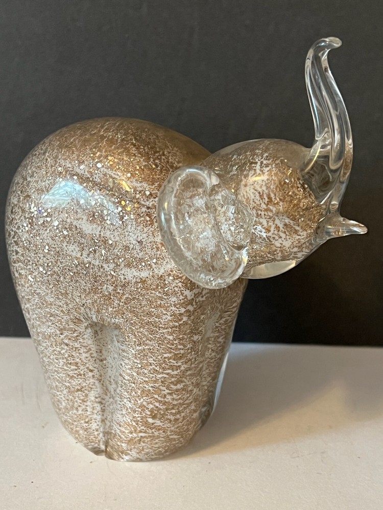 Elephant Hand-Blown Art Glass White incased Clear with Gold Aventurine--Trunk Up