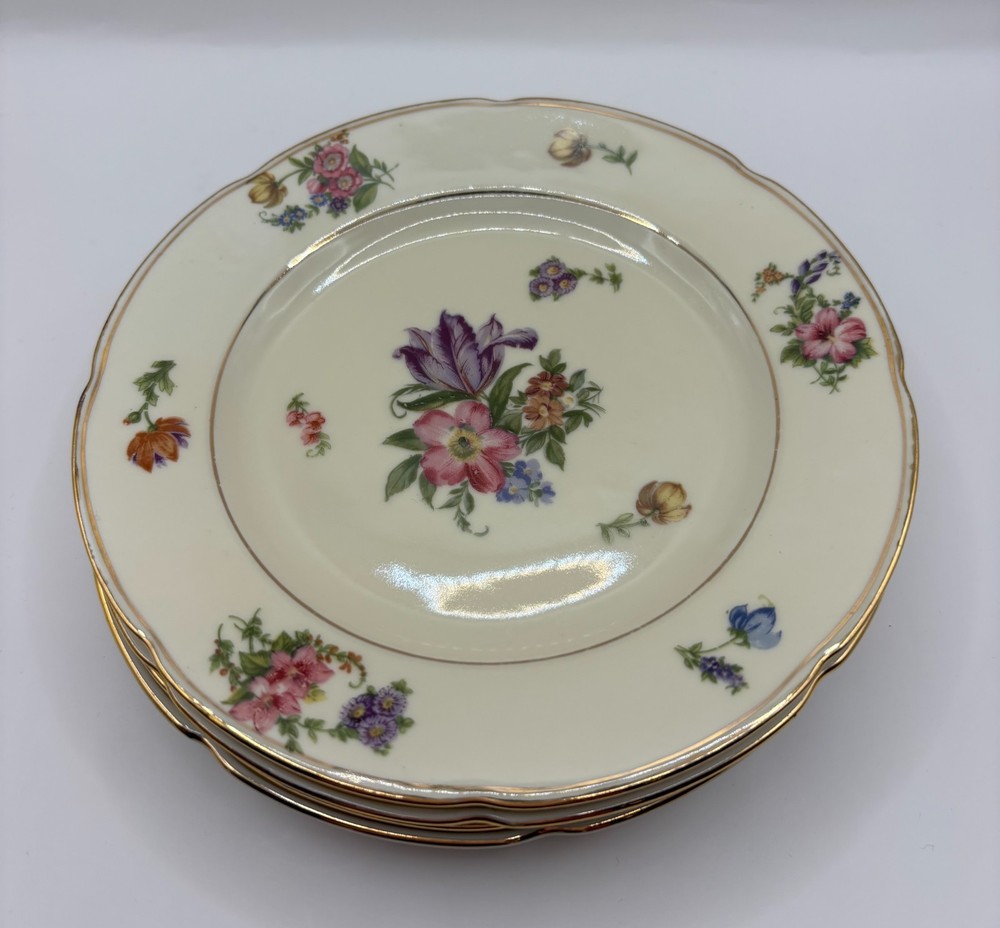 Set of 4 EPIAG Floral Dessert Plates Gold Trim Scalloped 6.5”
