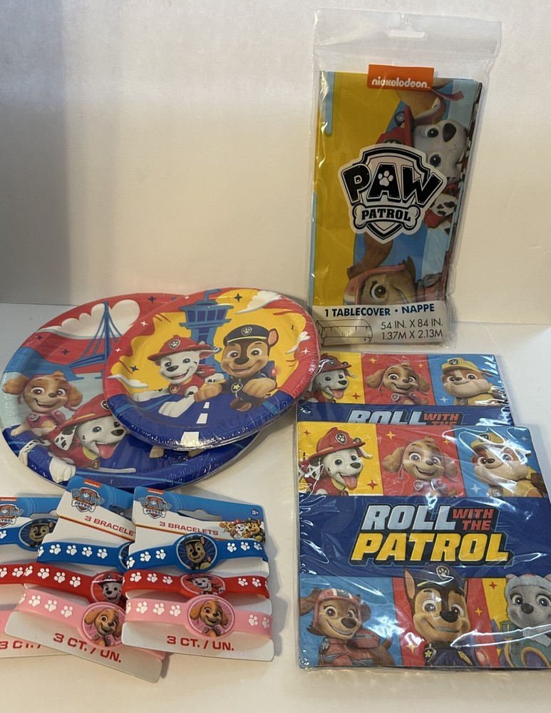 Paw Patrol Birthday Party Supplies, plates, napkins, table cover, wrist bands