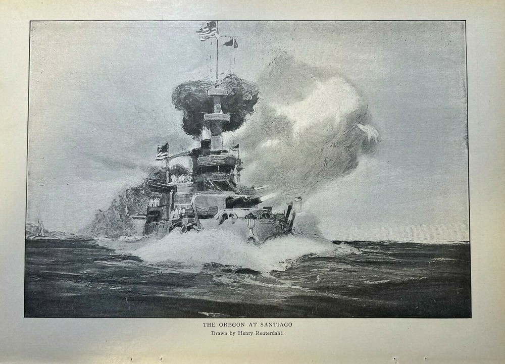 1903 Vintage Magazine Illustration Battleship Oregon at Santiago