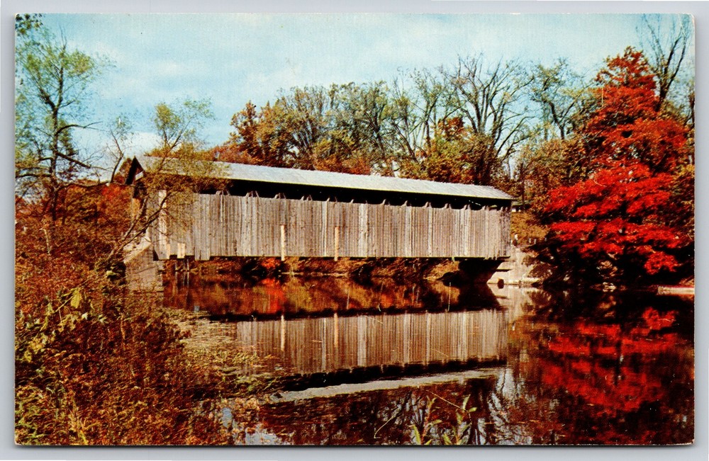 Lowell Michigan~Fallasburg Park Covered Bridge Over Stream~Vintage Postcard