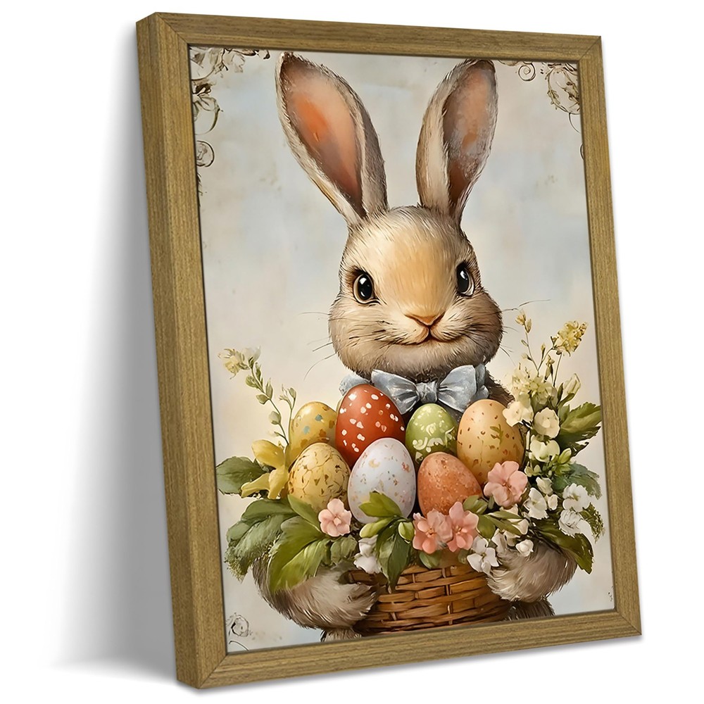 Framed Easter Bunny Wall Art, Cute Rabbit Easter Eggs Canvas Print, Rustic Fa...
