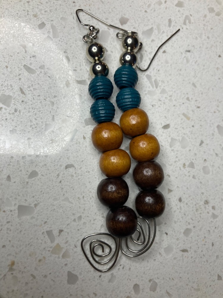 Silver wire wrapped multicolor wood and blue beaded drop earrings
