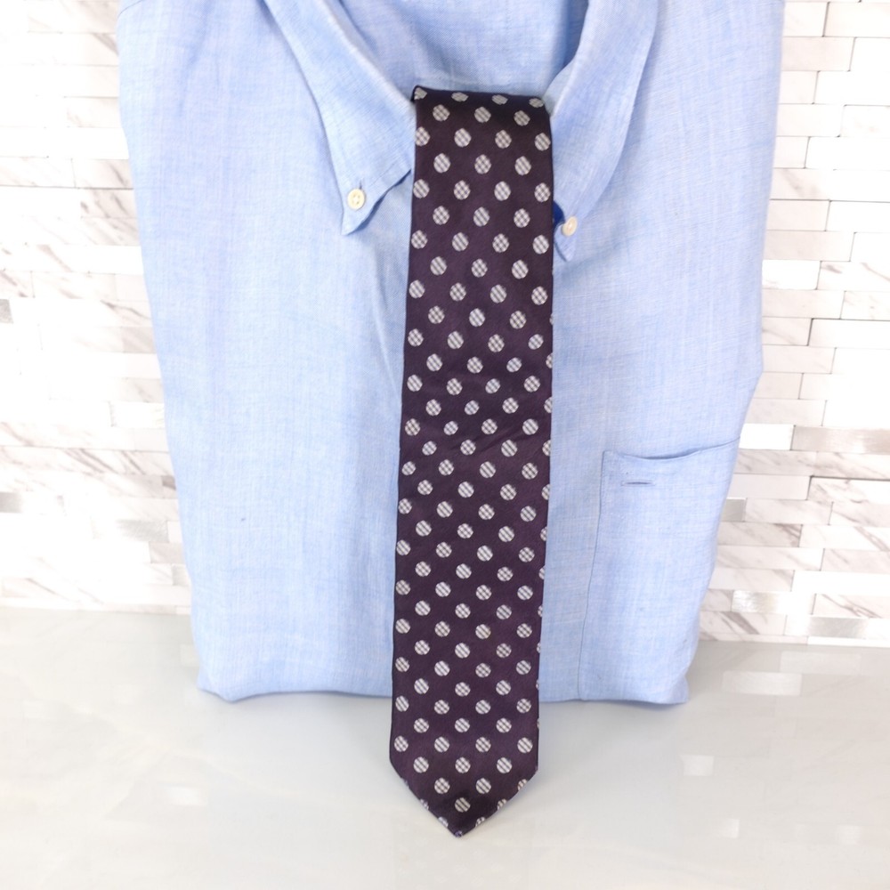 Les Mues Neck Tie Mens Purple Eggplant White Polka Dots Skinny Slim Suit Formal