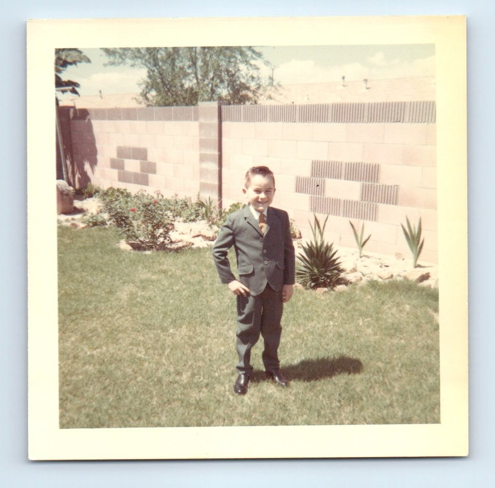 Old Vintage Square Color Photo SOLO BOY IN SUIT TIE BACKYARD SNAPSHOT PICTURE