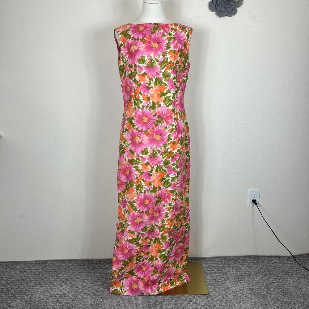 Vintage Hawaiian Dress Womens Medium Floral Pink Maxi 60s Tropical Retro Island