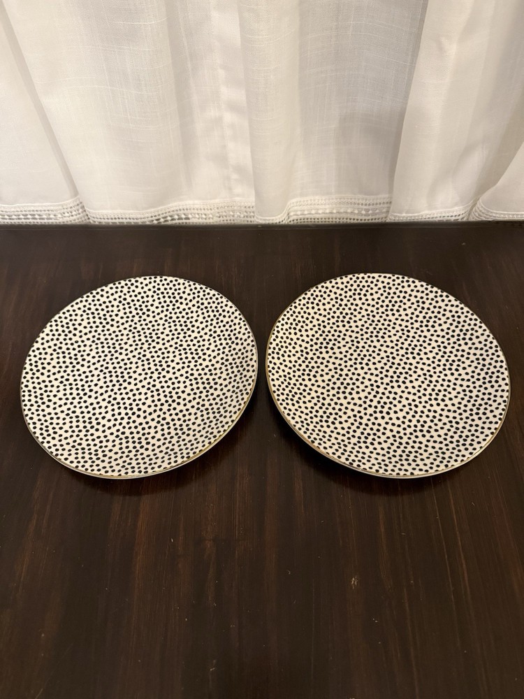 Thyme & Table Stoneware Salad Plates (2) Black And White Dots With Gold Trim