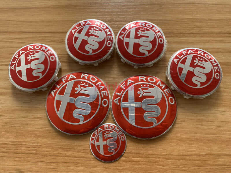 7pcs ALFA ROMEO Car Badge Set 74mm Hood 60mm Wheel 40mm Steering Red Emblem