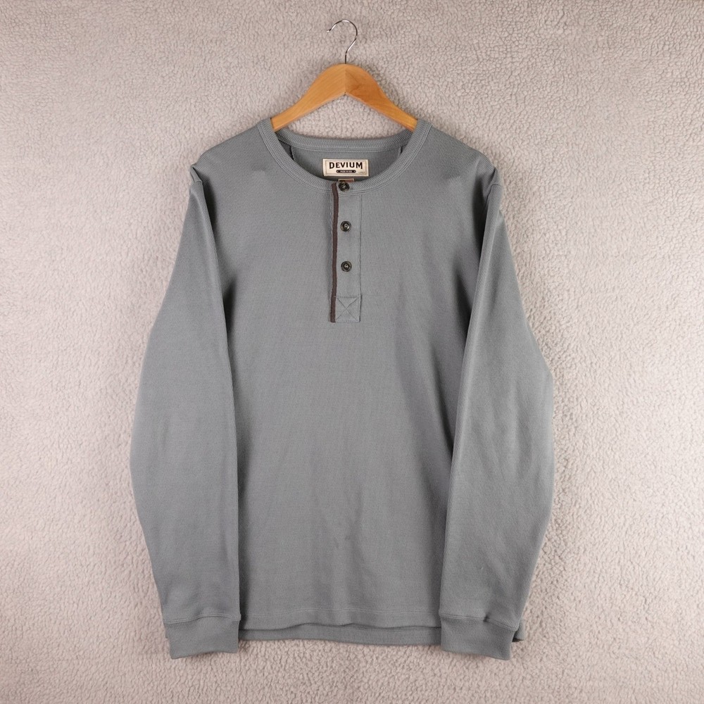 Devium Lifelong Mens Large Henley Shirt Blue Gray Waffle Knit Made in USA L/S