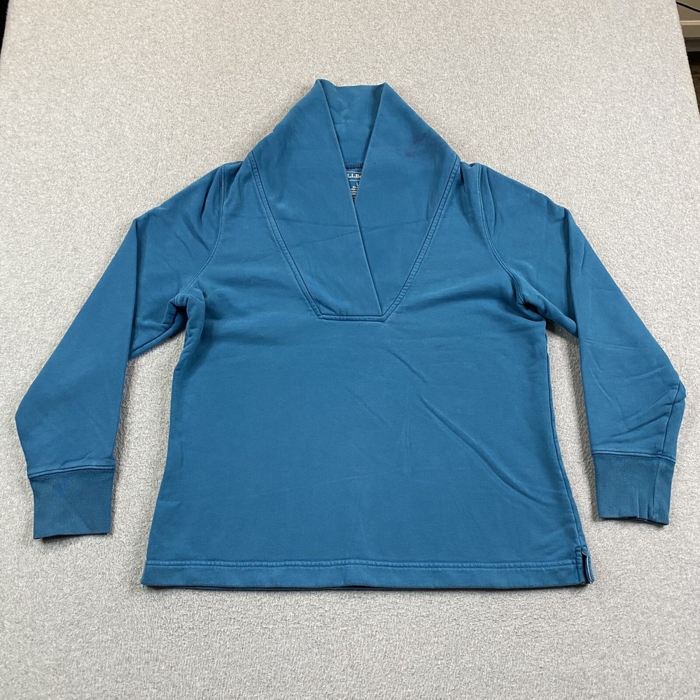 LL Bean Sweatshirt Womens Large Shawl Neck Collar Pullover Outdoor Blue *stains