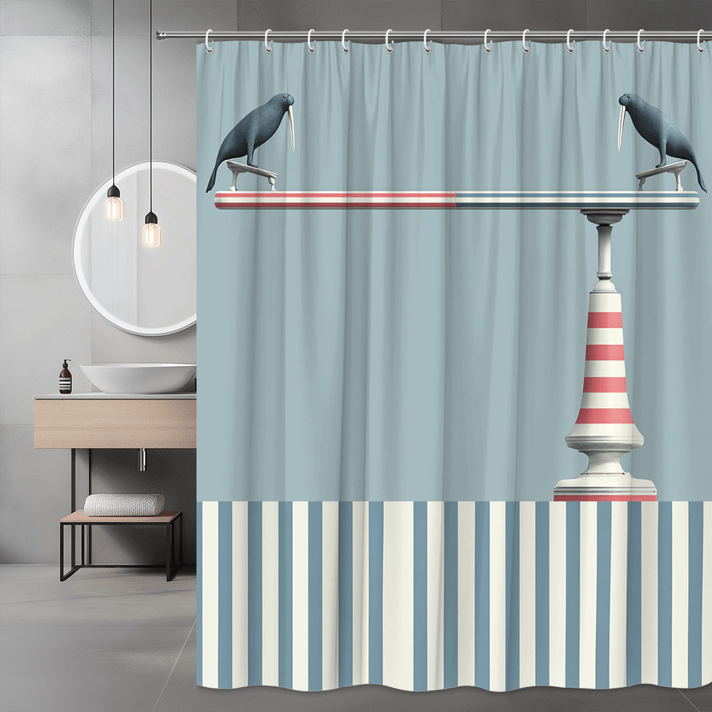 Nautical Walrus Shower Curtain Blue Stripe Print