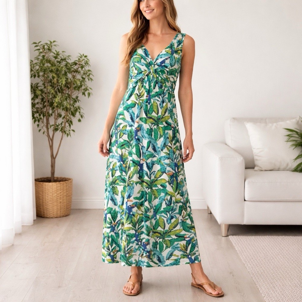 Tropical Leaf Maxi Dress L Sleeveless Rayon Resort Cruise Vacation Beach Summer