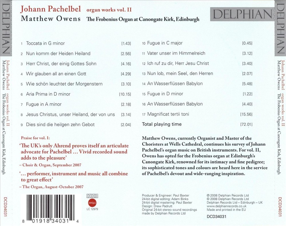 Matthew Owens Pachelbel: Organ Works, Vol. 2 New Cd