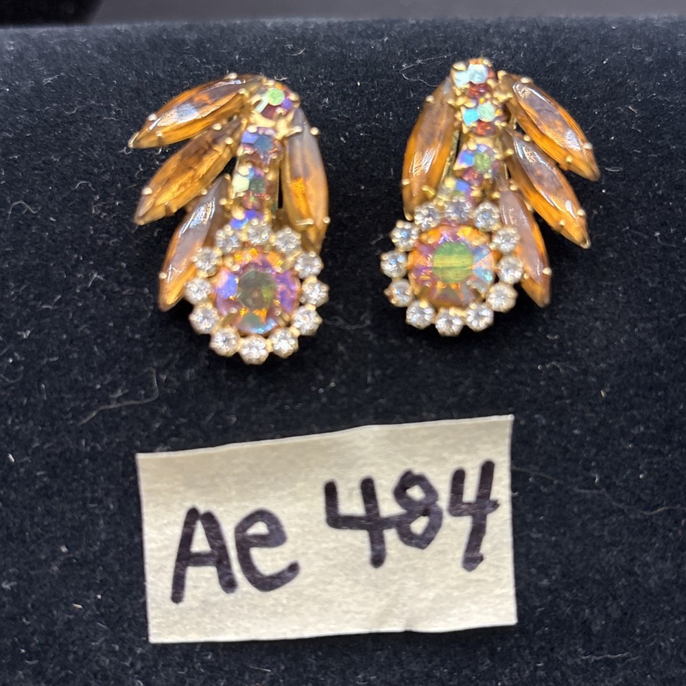 VTG Juliana Topaz Clear AB Rhinestones Clip On Earrings Gold Tone