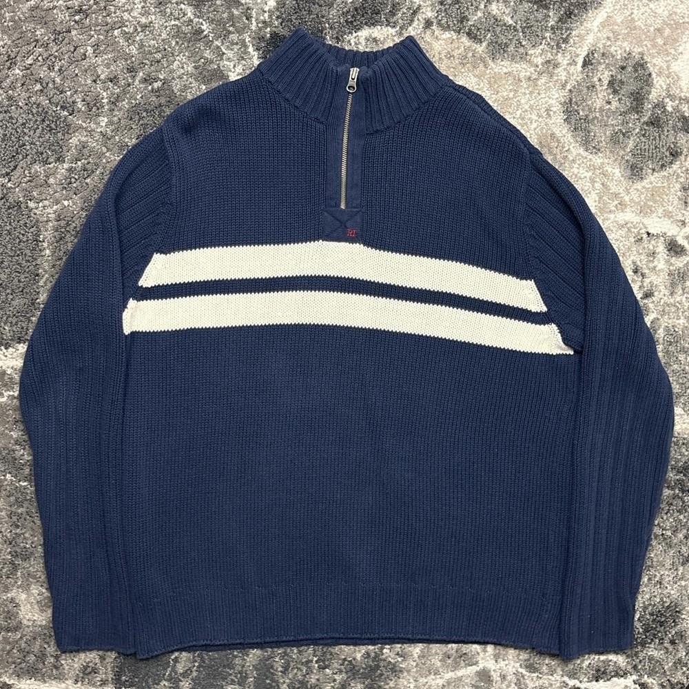 Polo Ralph Lauren 1/4 Zip Sweater Mens XL Vintage 90s Y2K Navy Blue Striped Knit