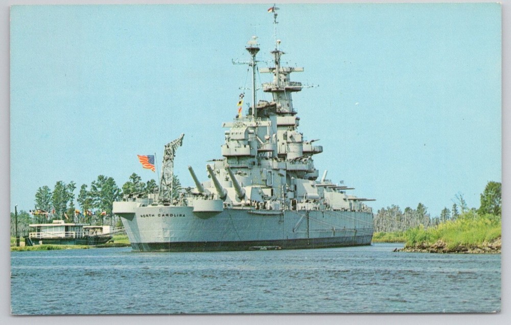 USS North Carolina Battleship Wilmington NC Plastichrome Postcard WWII Memorial