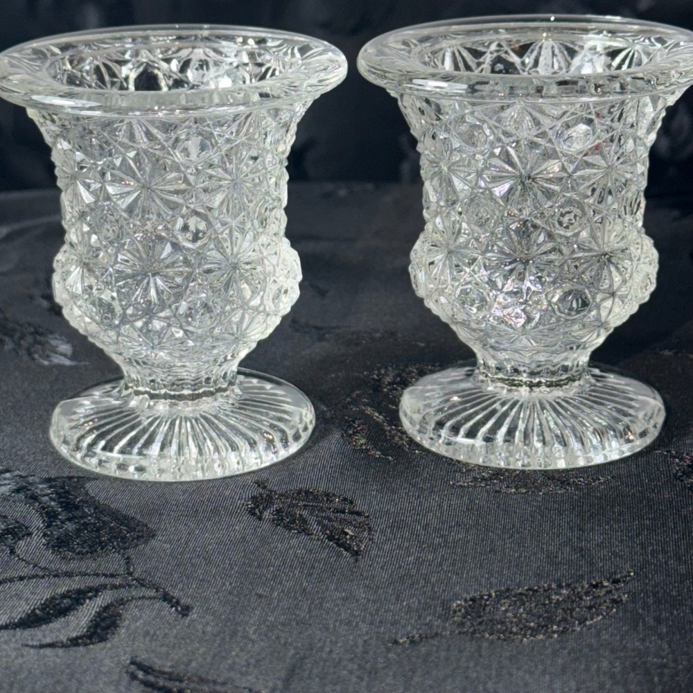 2 small cut glass vases toothpick holder L.E. Smith ? Daisy & Button pattern