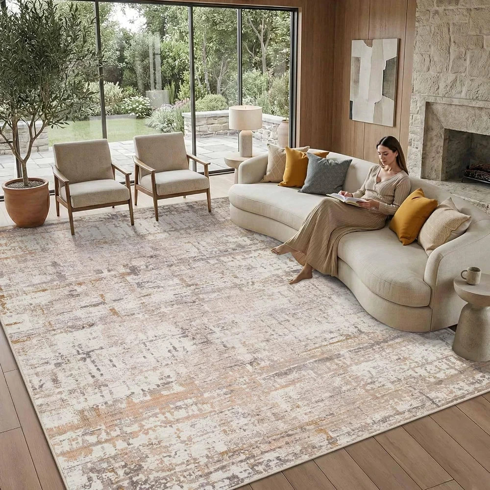 8X10 Modern Abstract Area Rugs,Large Soft Rugs for Living Room,Neutral Washable