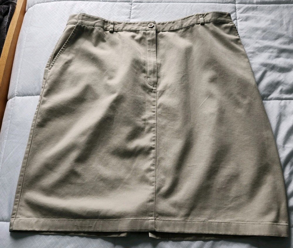 LL Bean Classic Midi Skirt Womens Size 20 Khaki Split Beige 100% Cotton
