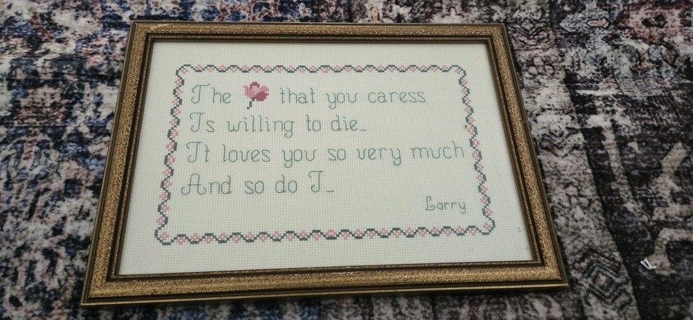 Vtg Handmade Cottagecore Framed Needlepoint Cross-Stitch Quote Rose Love Floral