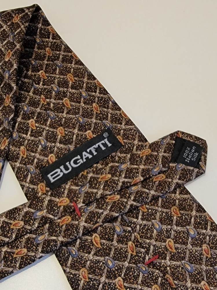 Bugatti Men’s Brown Blue Diamond Print 100% Italian Silk Neck Tie Geometric