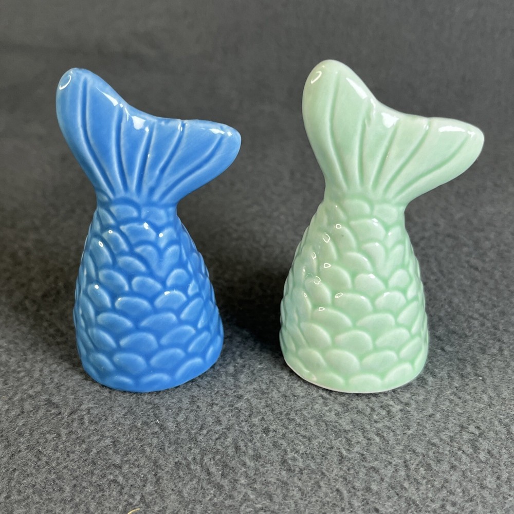 Cracker Barrel Mermaid Tail Ceramic Mini Salt & Pepper Shaker Set Blue/Green