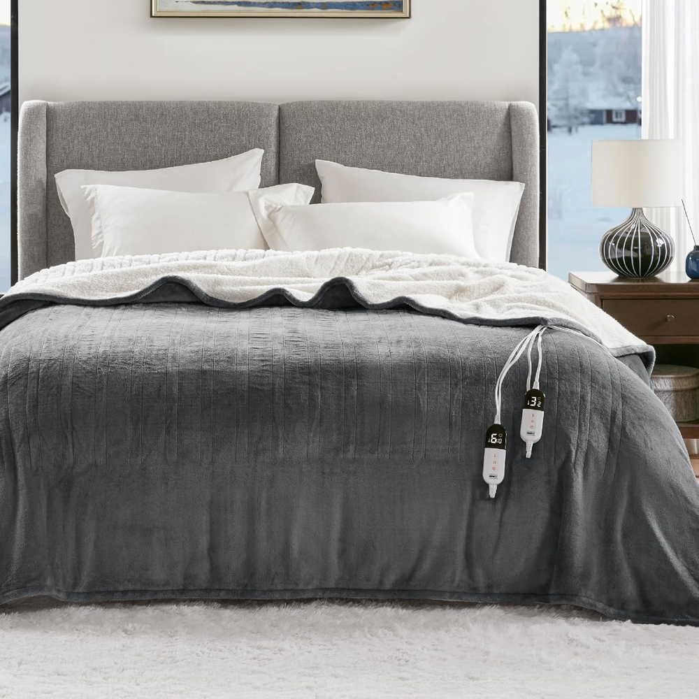 King Size Heated Blanket 100x90 Inch Sherpa Flannel Dual-Sided with 6 Adjustable Heat Settings  