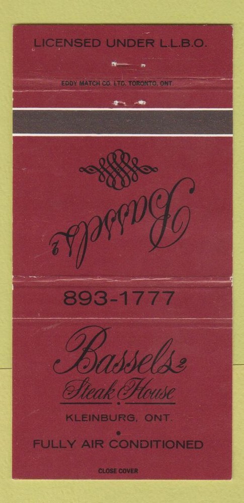 Matchbook Cover - Bassels' Steak House Kleinburg ON WEAR 30 Strike