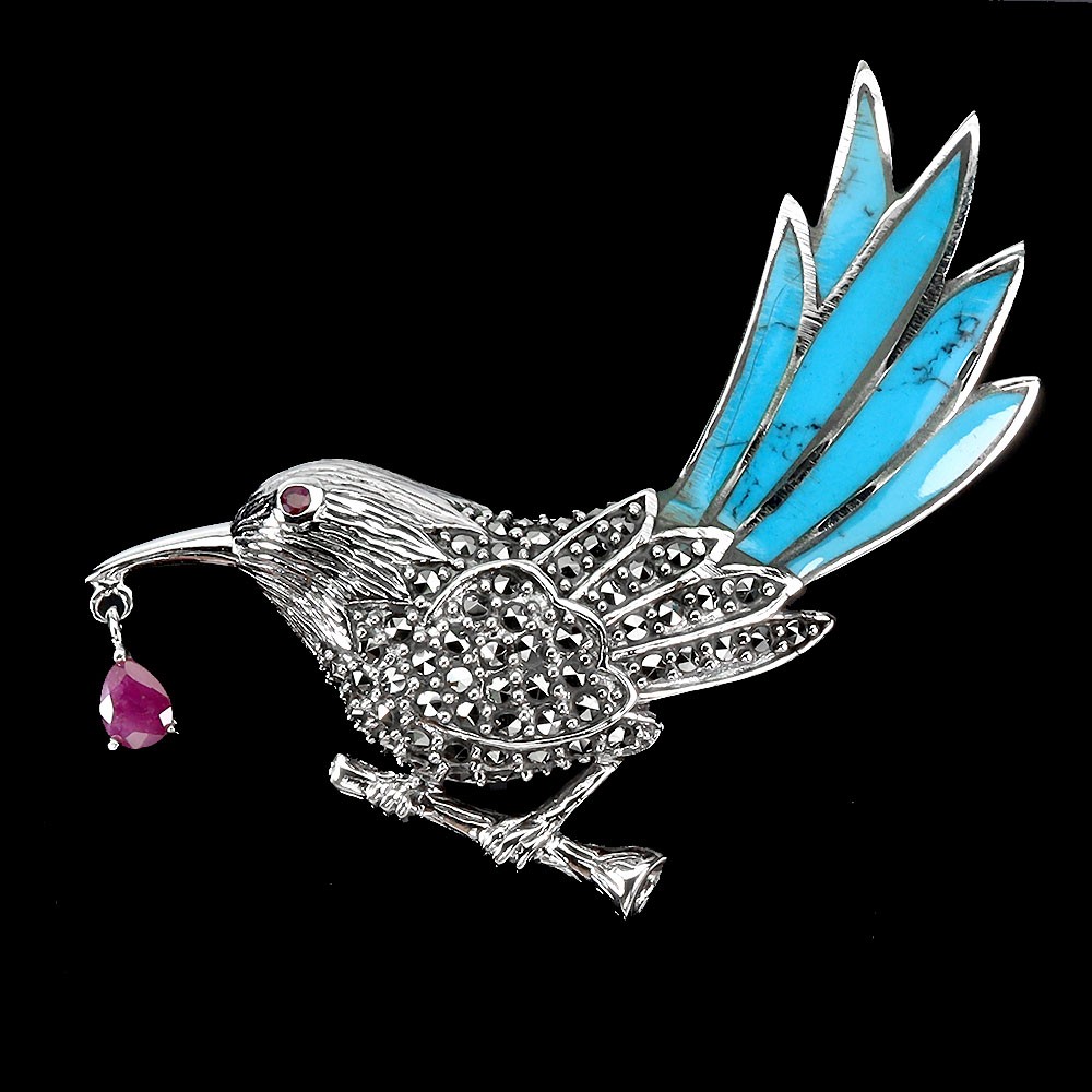 925 Sterling Silver Bird Brooch with Pear Ruby Turquoise and Marcasite