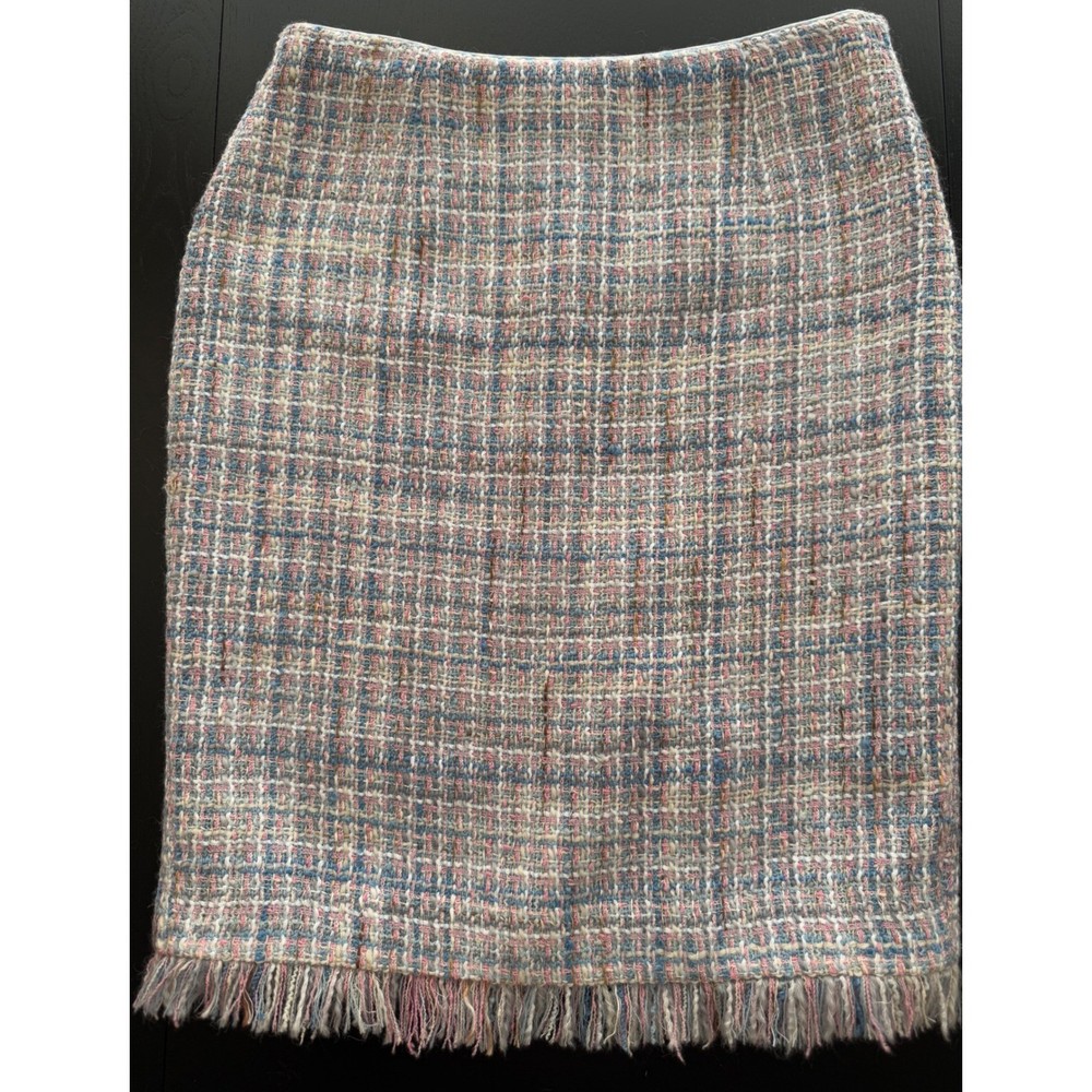 Paul Smith Tweed Pencil Skirt Womens Size 0-2 Pink/Blue Lined Wool Fringe Hem